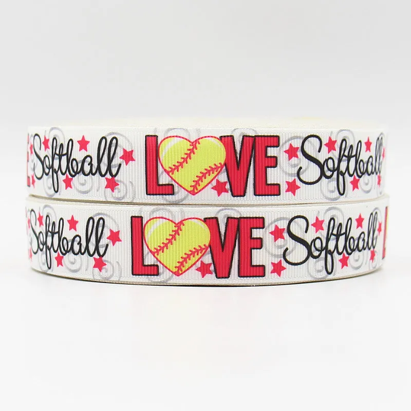 I LOVE Softball Ribbon, 16mm 22mm 25mm 38mm 50mm 75mm, 50 yds/roll for Headband